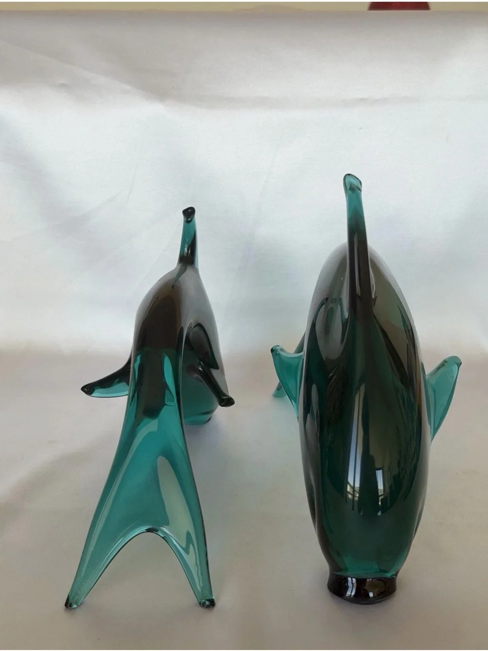 Vintage Green Art Glass Dolphin Figurines 10.5” & 8.5” Handmade Style – Set of 2